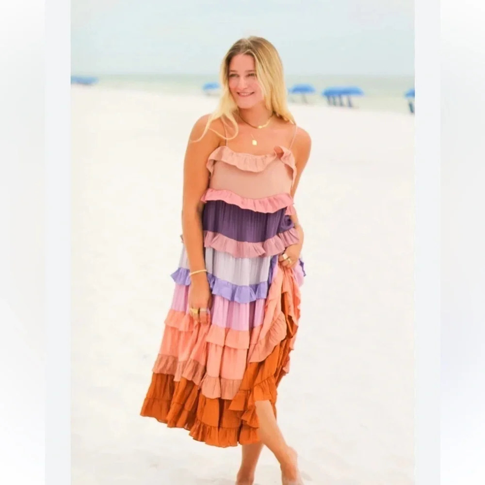 STORIA Kaylee Tiered MIDI Dress Spaghetti Strap Beach Summer Bump Friendly